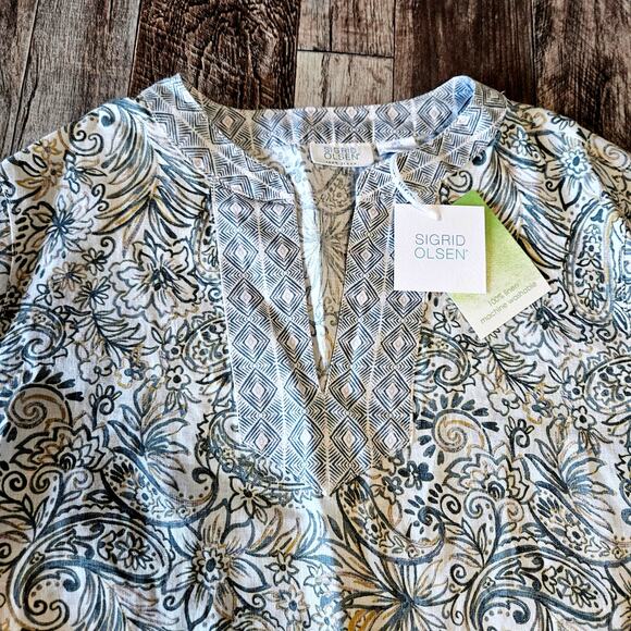 Sigrid Olsen Linen Tunic Top Size Small Tropical Mixed Pattern V-Neck Boho Beach - Picture 7 of 9